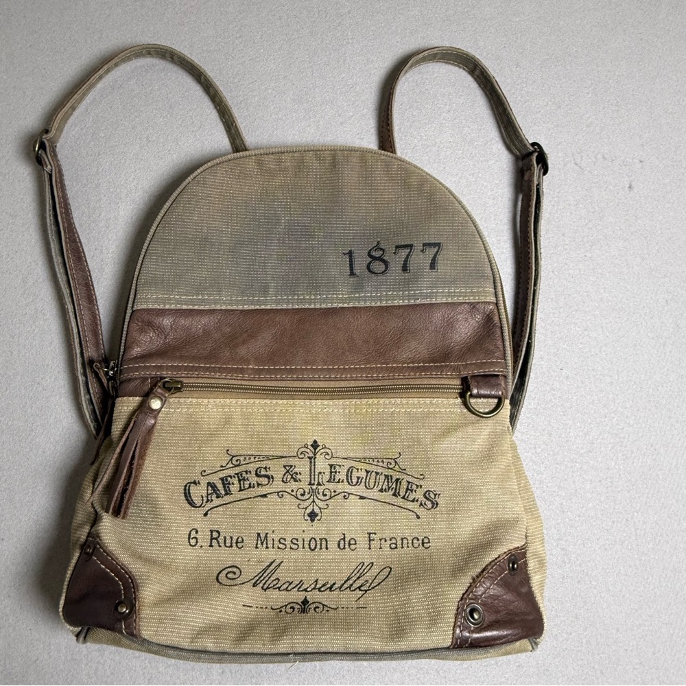 Myra Backpack Bag S-4450 France Cafes Canvas Upcycled Green Gray Brown 1877